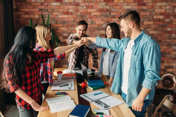 Group of students or young business team, teamwork